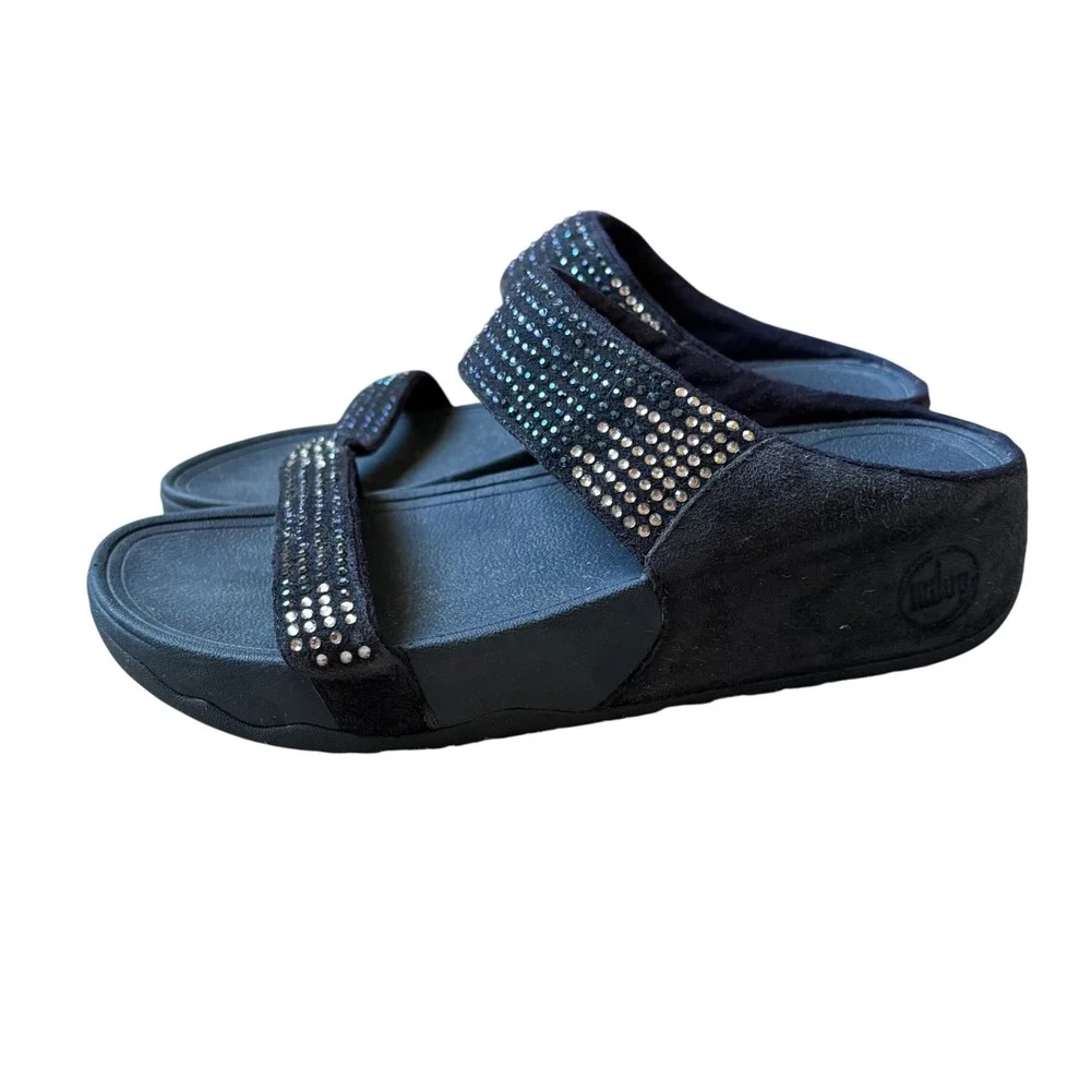 FitFlop Black Wedge Slide Sandals with Rhinestone Straps
